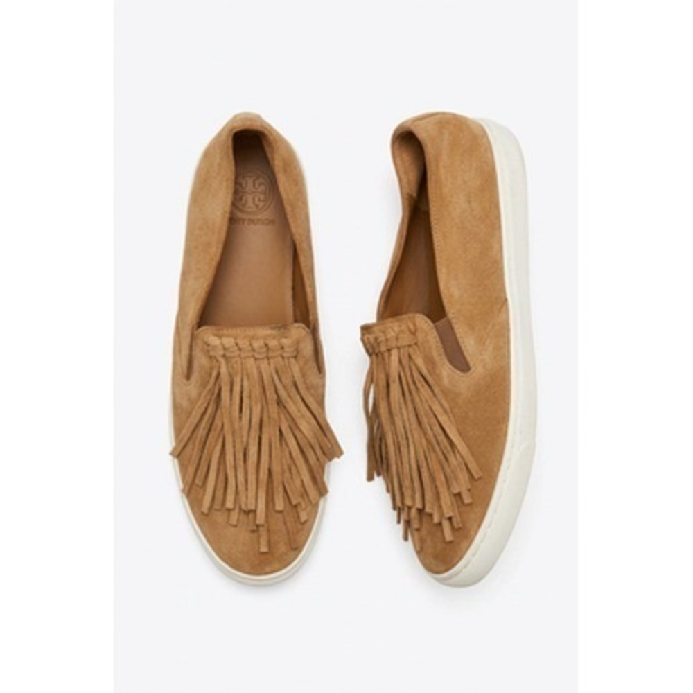 Tory Burch Shoes Women 11 Beige Suede Fringe Slip On Casual Sneakers 355 115